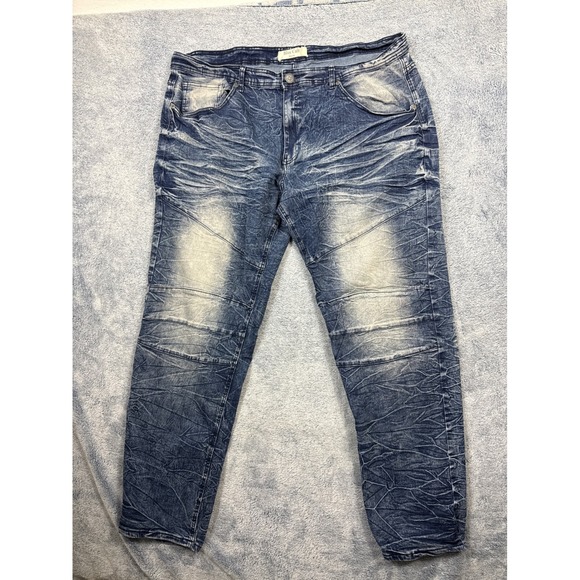 Blue Cult Other - Blue Cult Mens 44 Blue Acid Wash Moto Denim Jeans Whiskered Crinkled Streetwear